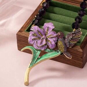 Hummingbird Colorful Rhinestone Enamel Necklace Purple Bead Large Flower NEW